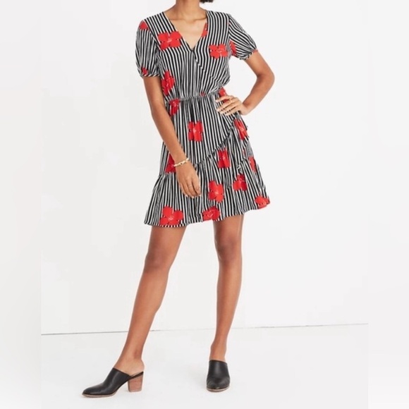 Madewell Dresses & Skirts - Madewell Black and White Striped Floral Print Faux Wrap Dress